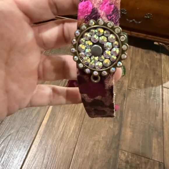 NEW-Pink and Brown Leopard Hair on Hide Print Bracelet with Rhinestone Detail - Picture 2 of 5